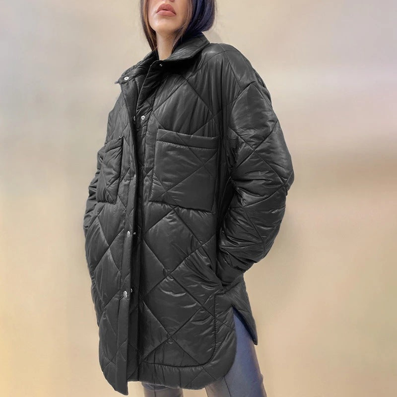 Women's Oversized Collared Quilted Mid Puffer Jacket