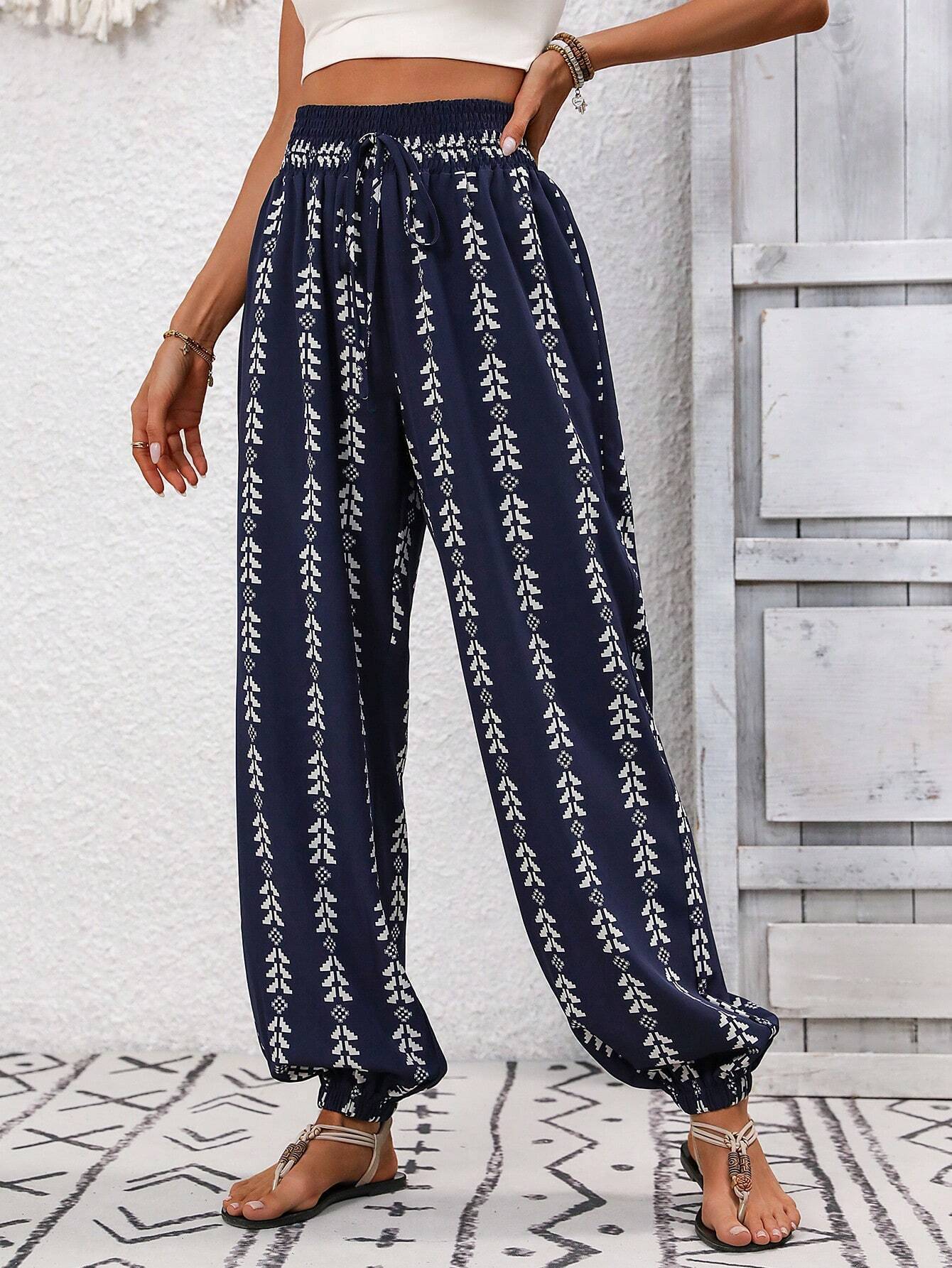 Lightweight Wide Leg Lantern Pants with Elastic Waist
