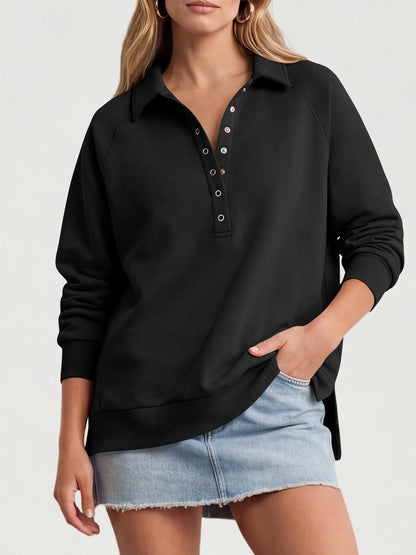 Women's Oversized Collared Button Pullover Sweatshirt