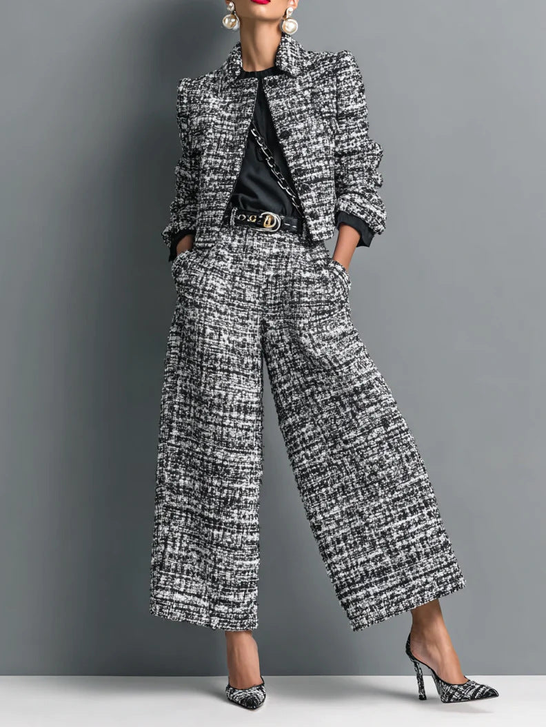 Women's Cropped Tweed Blazer Wide Leg Pants Set