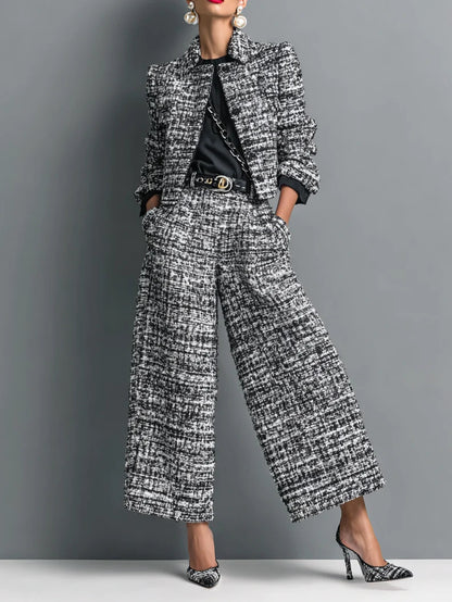 Women's Cropped Tweed Blazer Wide Leg Pants Set