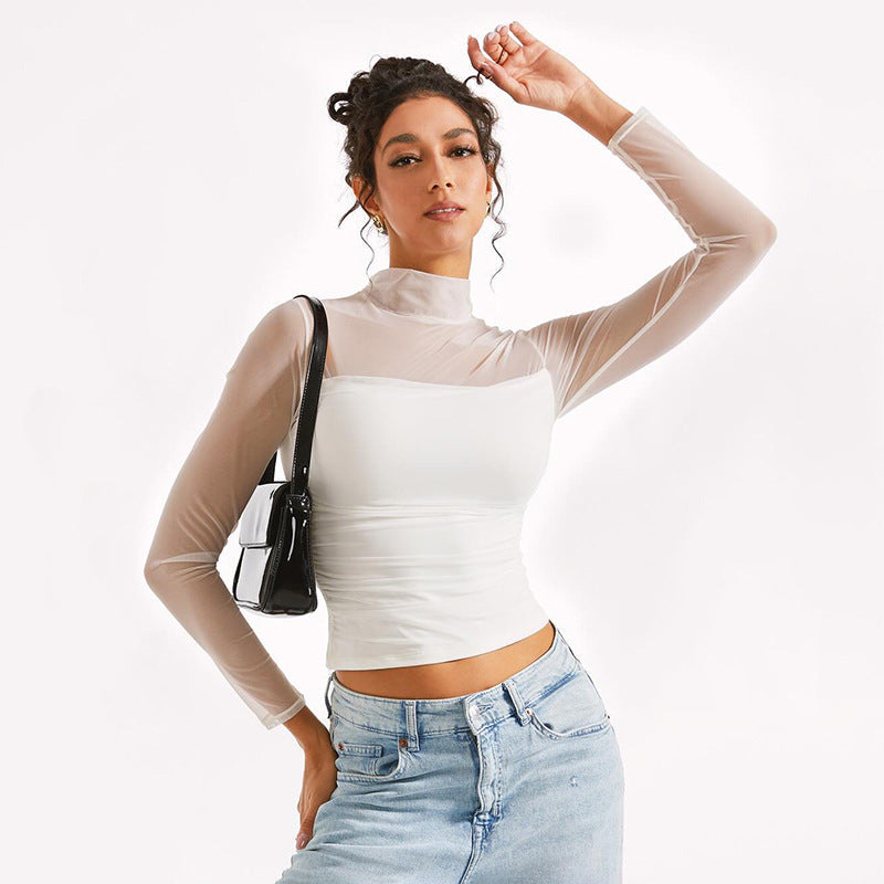 Sexy Sheer Mesh Mock Neck Long Sleeve Crop Top