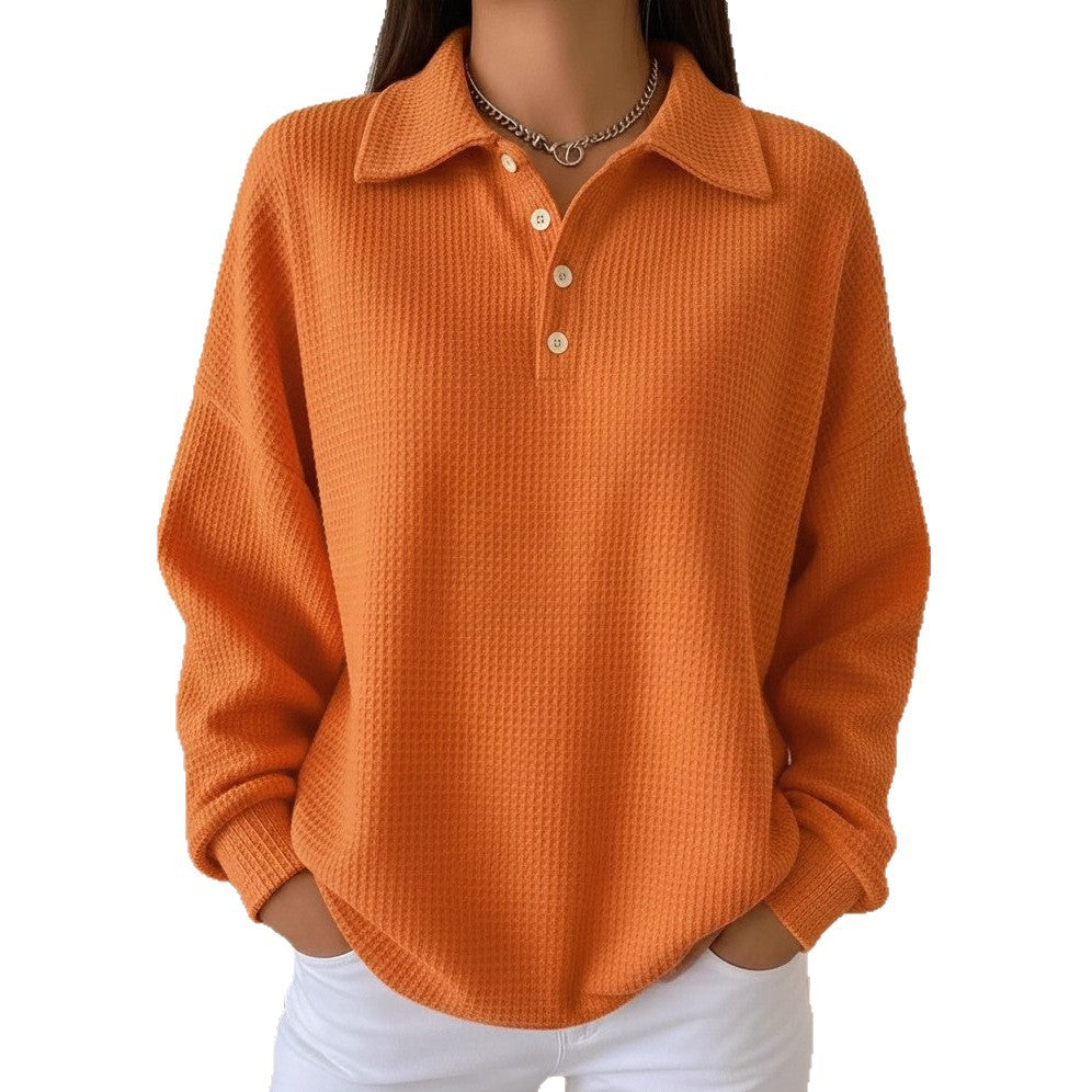 Women's Oversized Waffle Knit Polo Shirt Long Sleeve Top