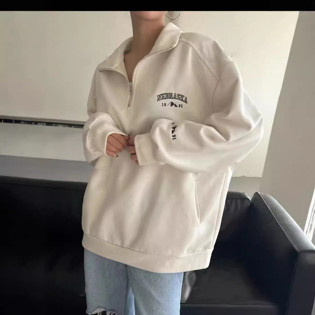 Women's Oversized Half Zip Embroidered Sweatshirt Pullover