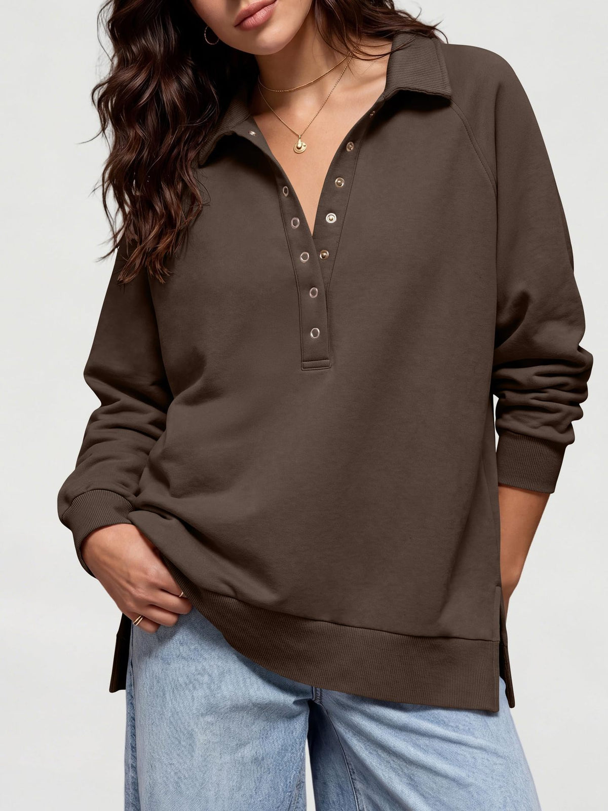 Women's Oversized Collared Button Pullover Sweatshirt