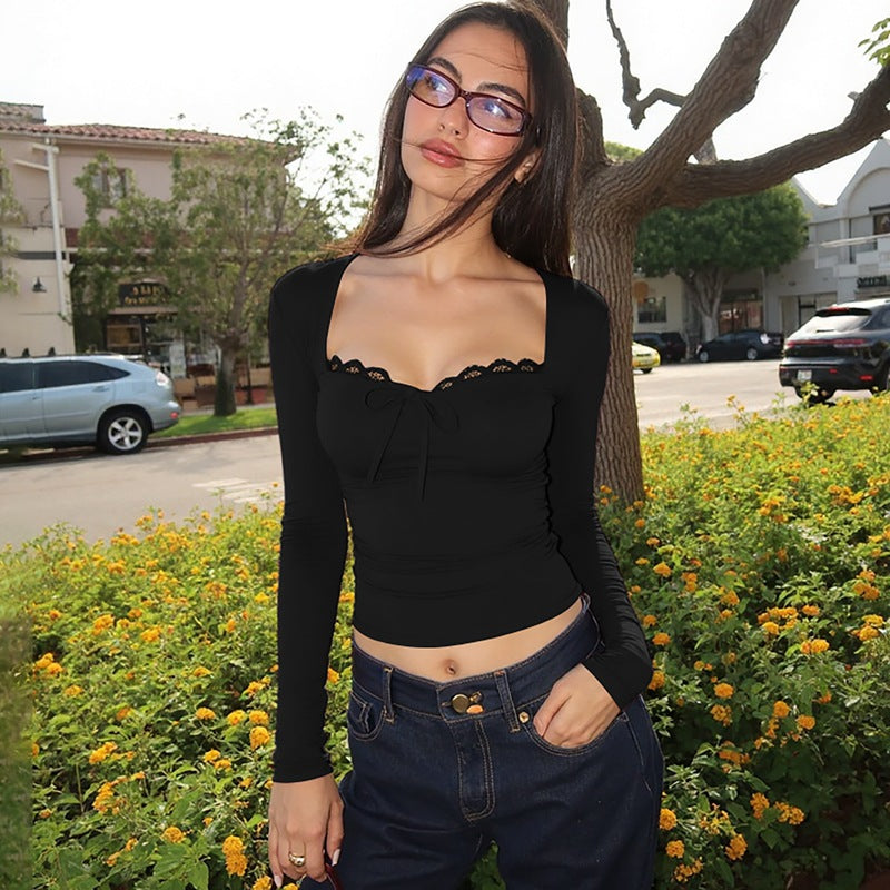 Women's Lace Trim Bow Front Long Sleeve Crop Top Y2K