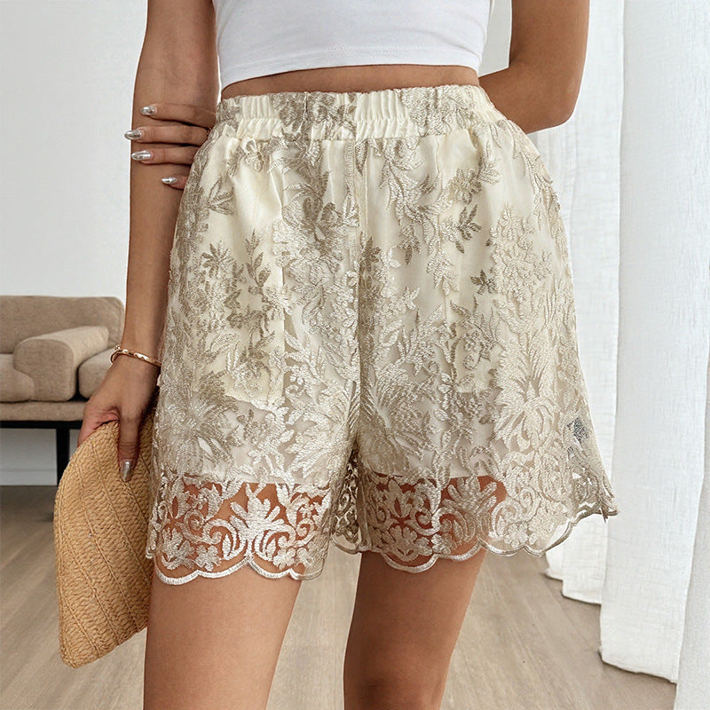 High Waisted Lace Embroidered Boho Summer Shorts Scallop Hem
