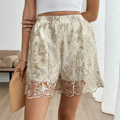 High Waisted Lace Embroidered Boho Summer Shorts Scallop Hem