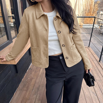 Faux Suede Cropped Jacket Button Front Patch Pockets