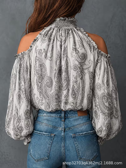 Cold Shoulder Paisley Blouse Balloon Sleeve Smocked Neck