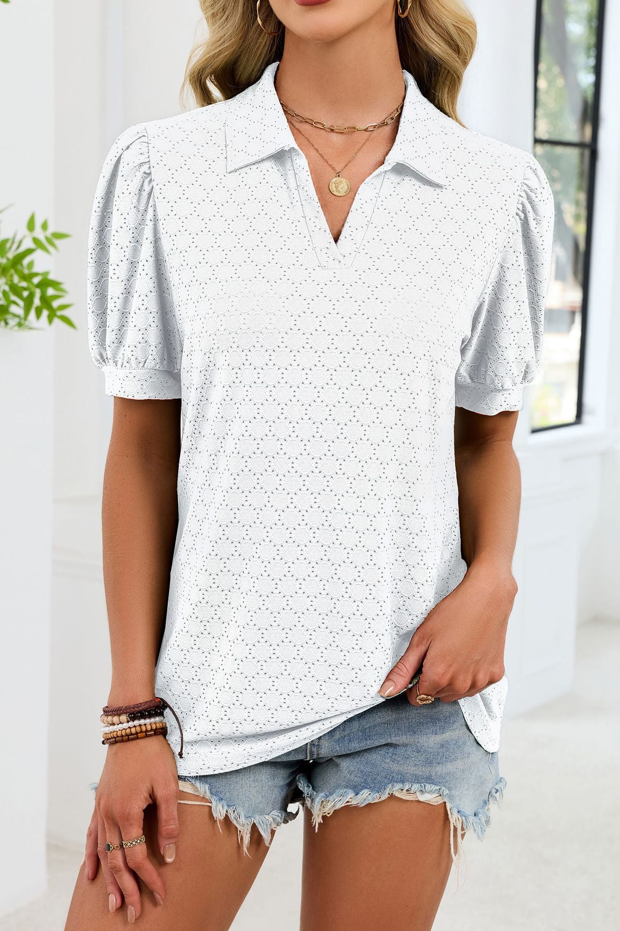 Eyelet V Neck Puff Sleeve Polo Blouse Casual Top