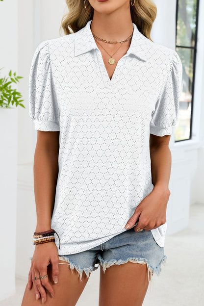 Eyelet V Neck Puff Sleeve Polo Blouse Casual Top