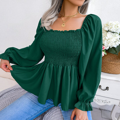 Smocked Square Neck Bell Sleeve Ruffle Peplum Top