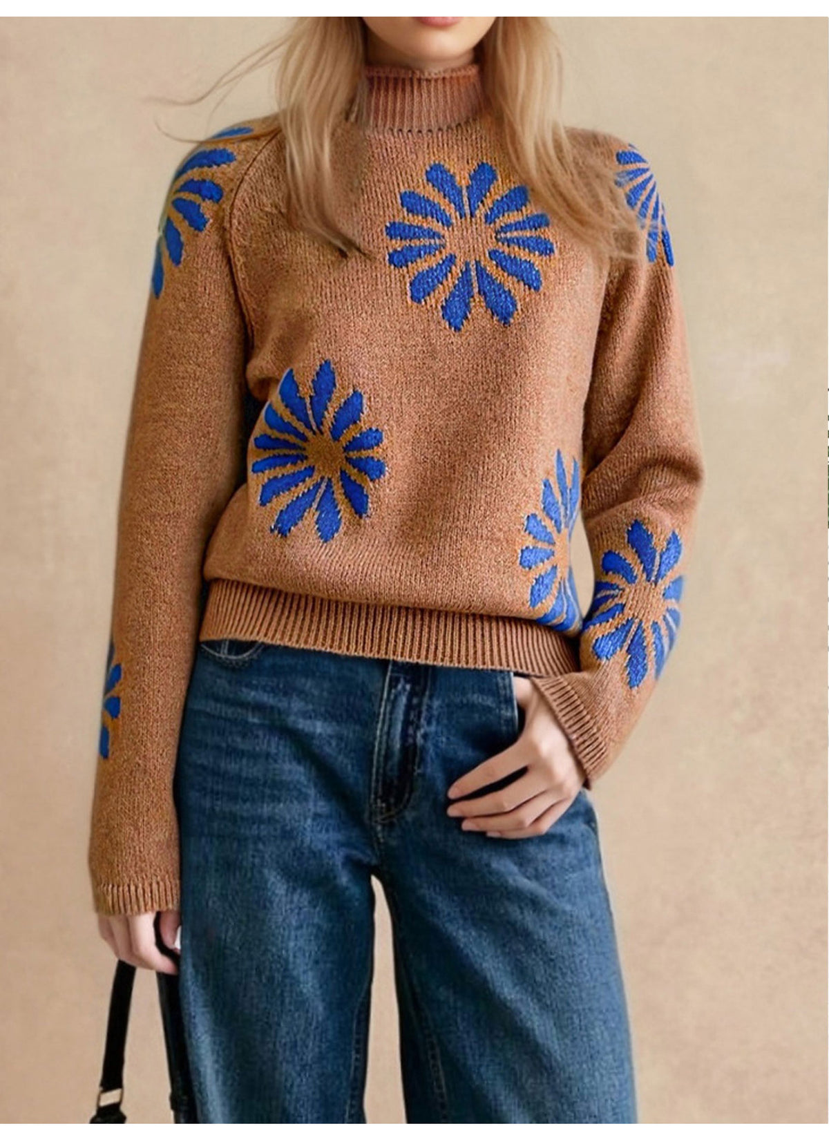 Women's Oversized Floral Mock Neck Knit Sweater