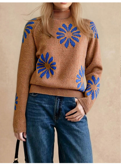 Women's Oversized Floral Mock Neck Knit Sweater