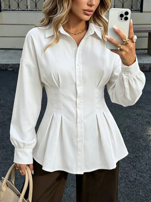 Women's Cotton Peplum Blouse Pleated Button Down Shirt