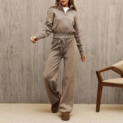 Women's Knit Lounge Set Zip Up Top Wide Leg Pants