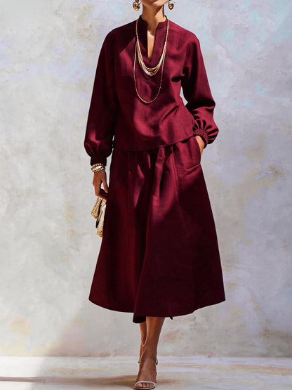Women's Elegant V Neck Knit Top Midi Skirt Two Piece Set