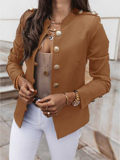 Women's Fitted Cropped Blazer Gold Button Long Sleeve
