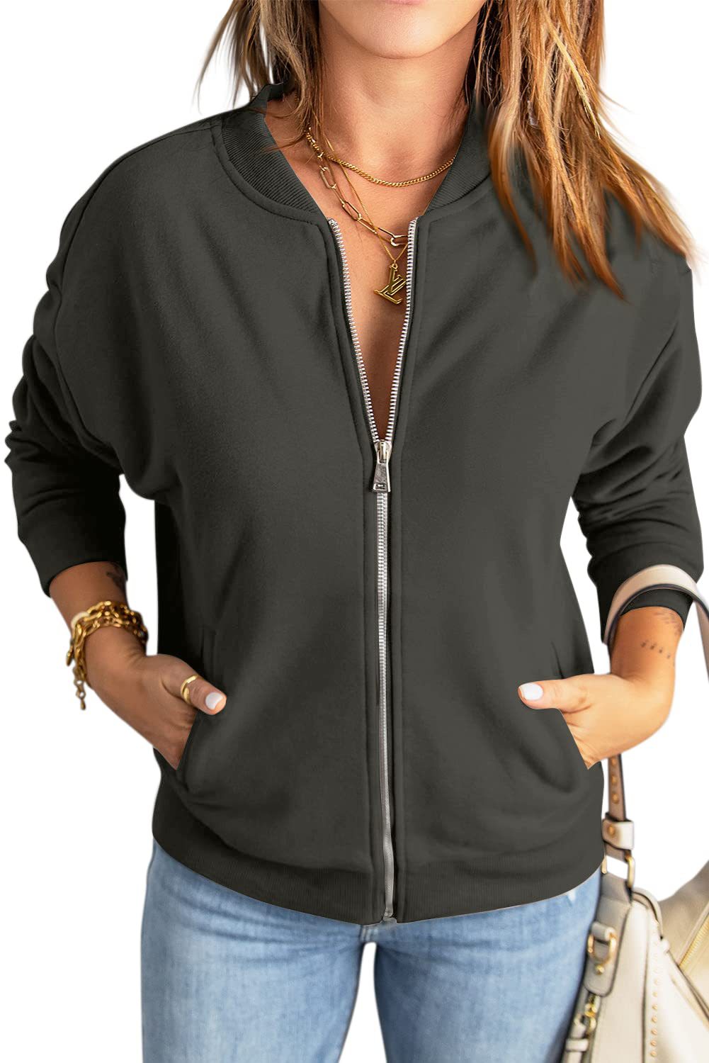 Women's Oversized Zip Up Bomber Jacket Casual