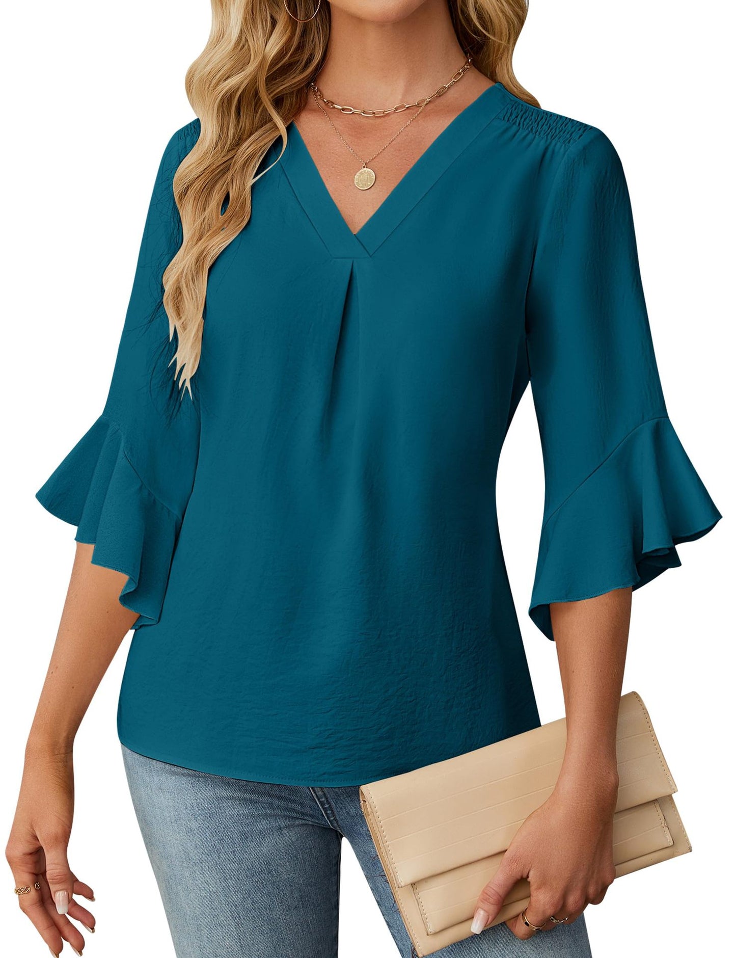 V Neck Ruffle Sleeve Chiffon Blouse Dressy Casual Top