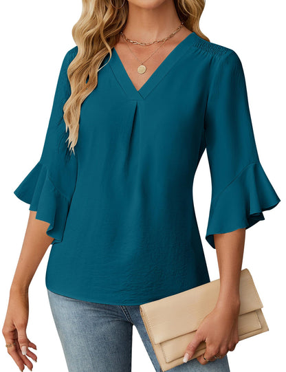 V Neck Ruffle Sleeve Chiffon Blouse Dressy Casual Top