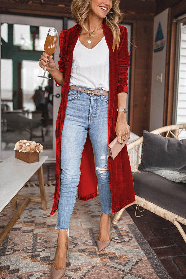 Womens Long Velvet Duster Open Front Cardigan