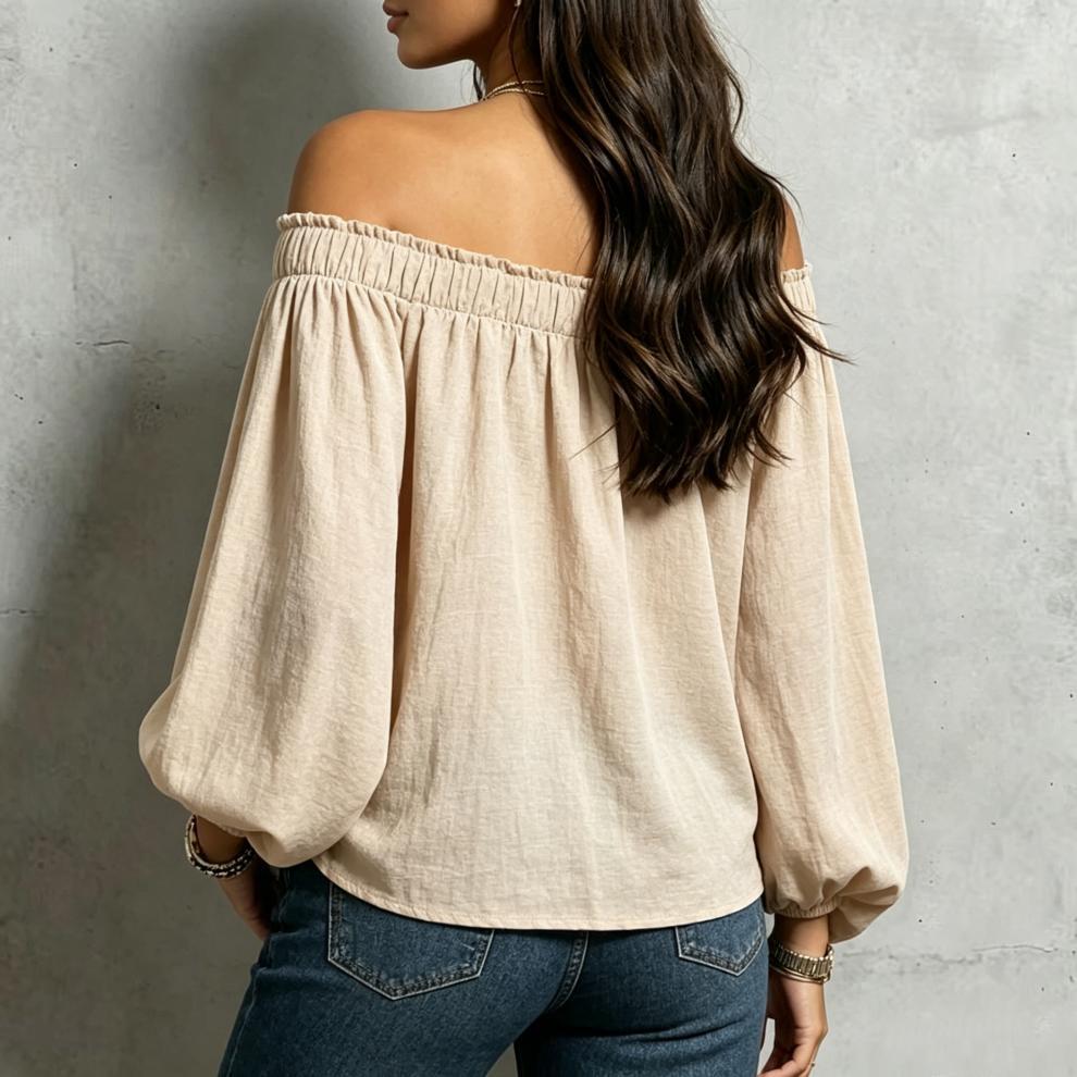 Off Shoulder Bubble Sleeve Cotton Blouse