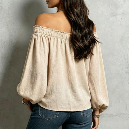 Off Shoulder Bubble Sleeve Cotton Blouse