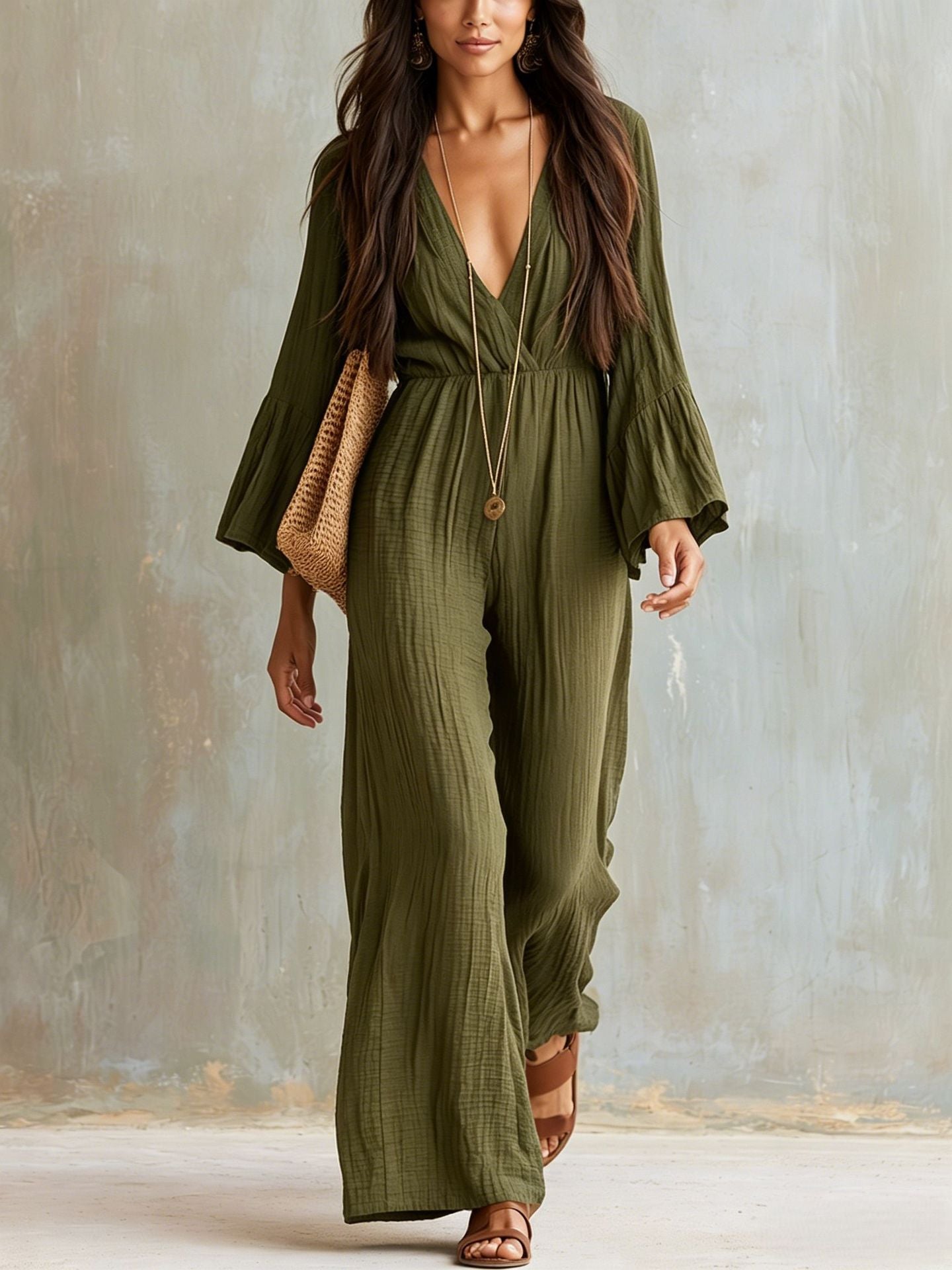 Women's Boho V-Neck Bell Sleeve Wide Leg Jumpsuit