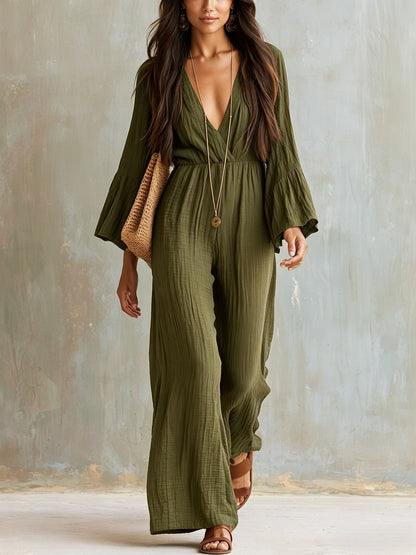Women's Boho V-Neck Bell Sleeve Wide Leg Jumpsuit
