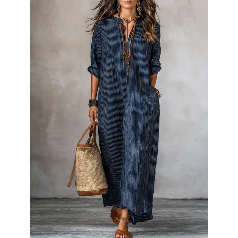 Women's Striped V-Neck Maxi Dress Casual Loose Pockets