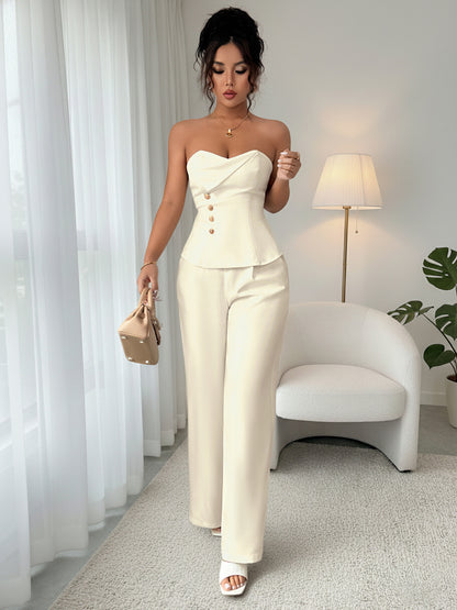 Strapless Button Detail Top and Wide Leg Pants Set