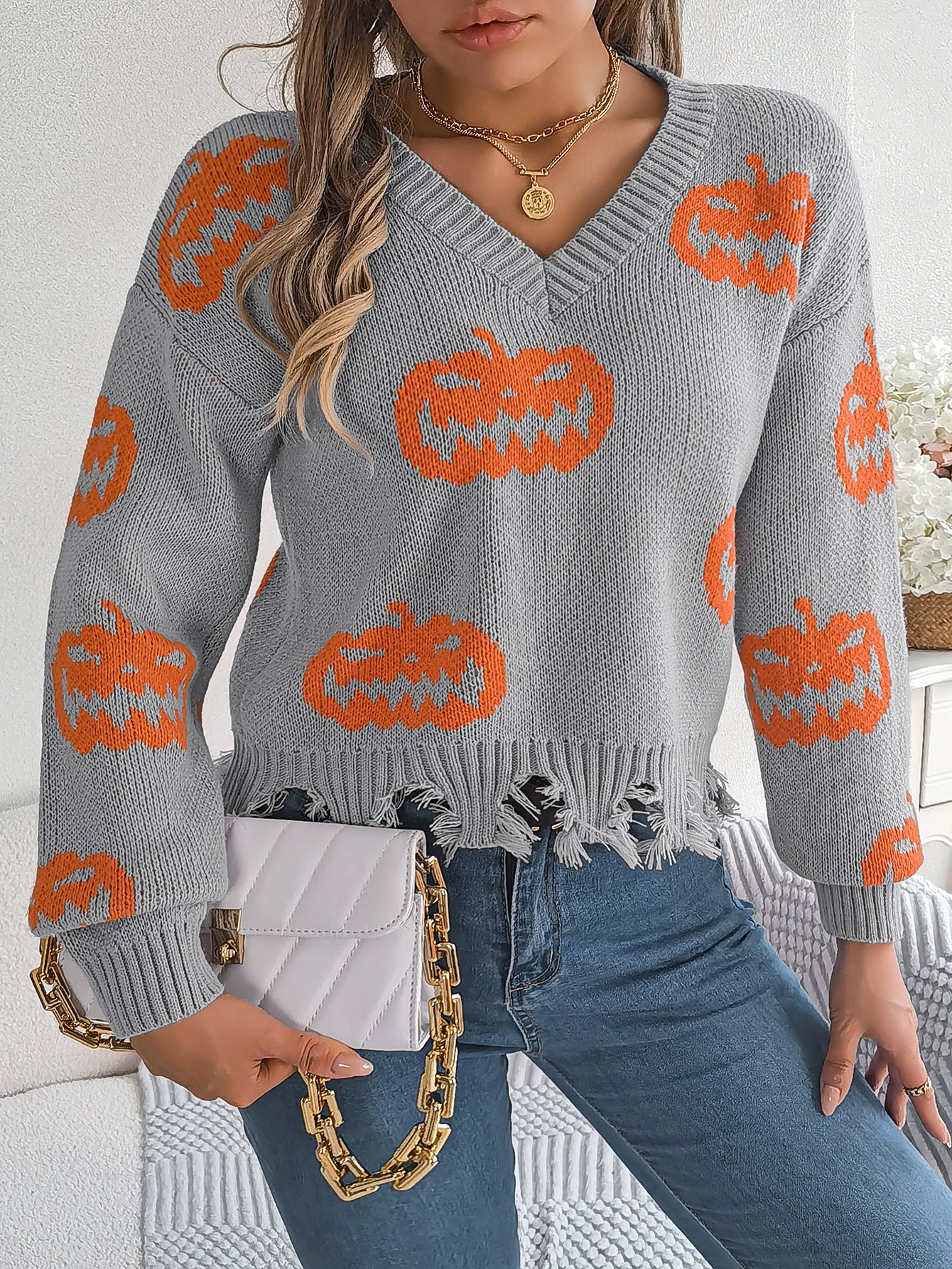 Halloween Pumpkin Knit Sweater with Frayed Hem