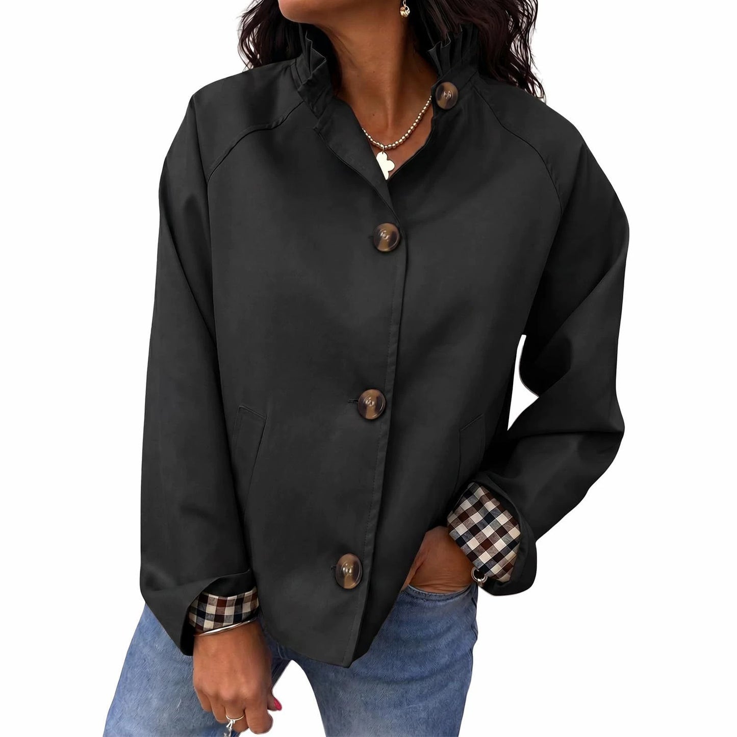 Women's Ruffle Stand Collar Button Front Jacket
