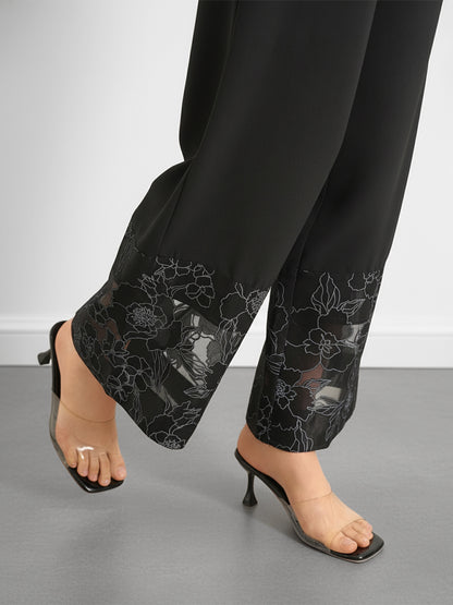 Women's Lace Hem Wide Leg Pants Black Casual Trousers