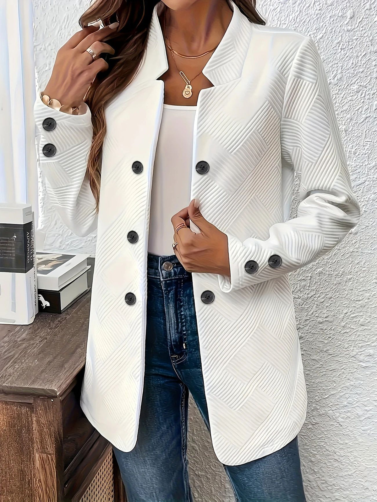 Women's Textured Double Breasted Blazer Jacket Long Sleeve