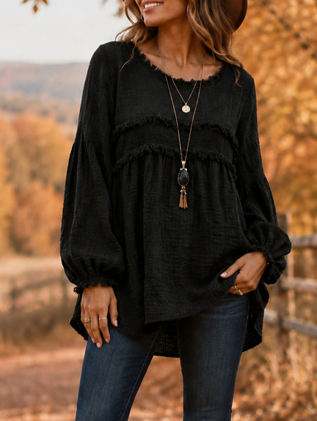 Women's Fringe Tiered Long Sleeve Flowy Textured Top