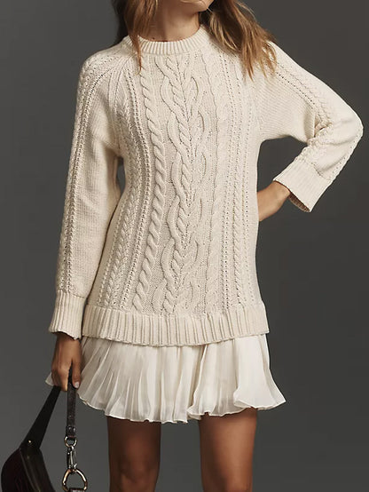 Cable Knit Pleated Hem Mini Sweater Dress