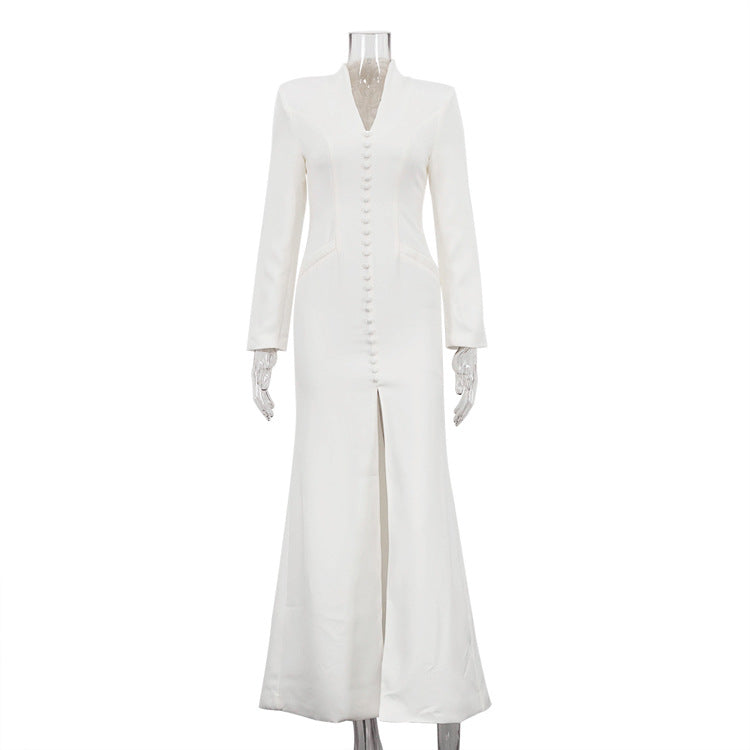 V-Neck Long Sleeve Button Front Slit Bodycon Maxi Dress