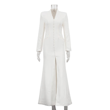 V-Neck Long Sleeve Button Front Slit Bodycon Maxi Dress
