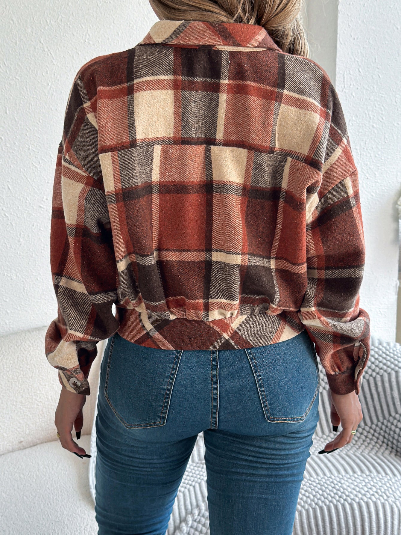 Plaid Button Front Long Sleeve Casual Jacket Coat