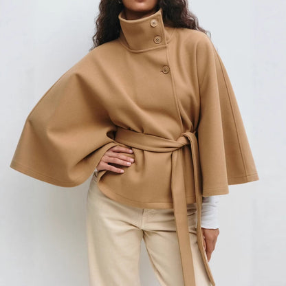Women's Belted Cape Coat Stand Collar Button Jacket