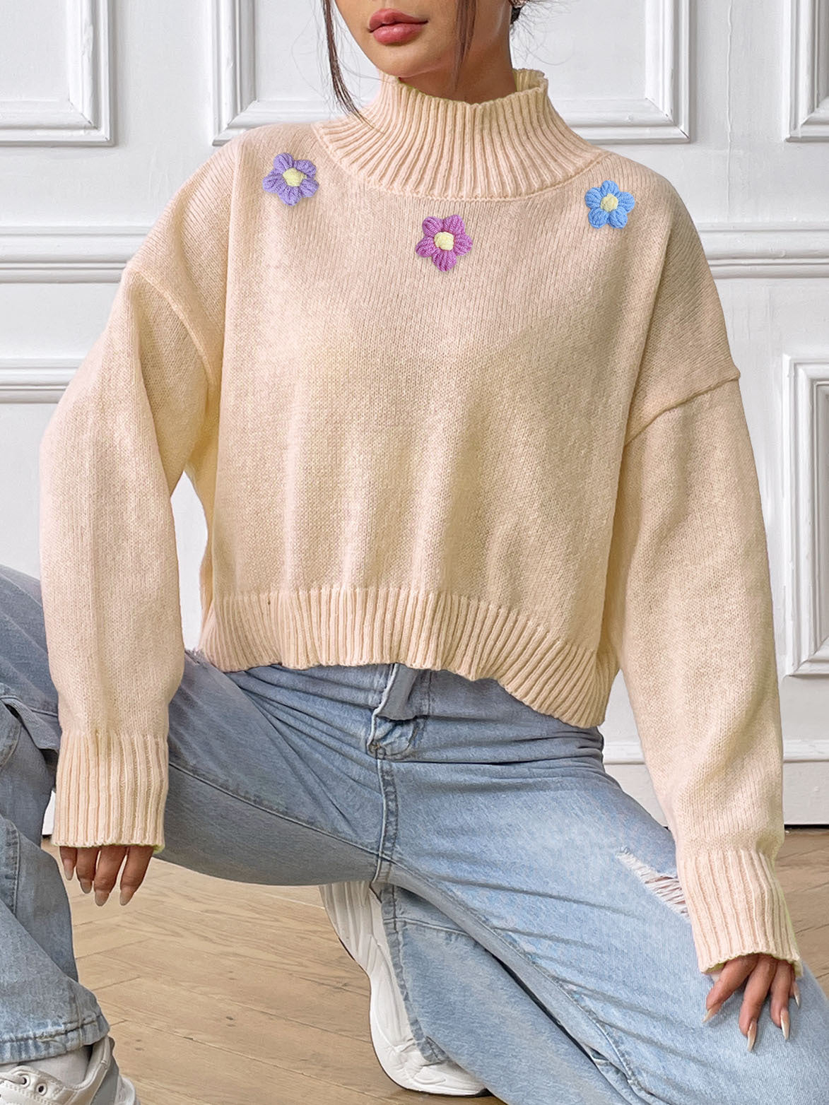 Women's Hand Crochet Collage Turtleneck Pullover Sweater