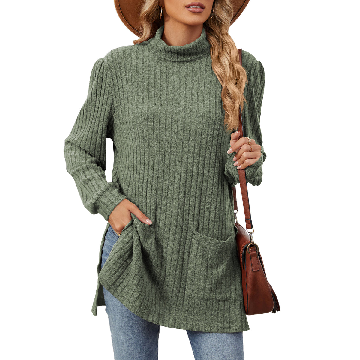 Women's Ribbed Mock Neck Long Sleeve Tunic with Pockets