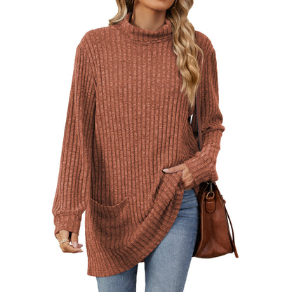 Women's Oversized Ribbed Mock Neck Tunic with Pockets