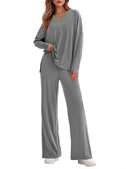 Women's Two Piece Ribbed Lounge Set Wide Leg Pants