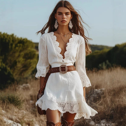 Women's Boho White Lace V-Neck Bell Sleeve Midi Dress