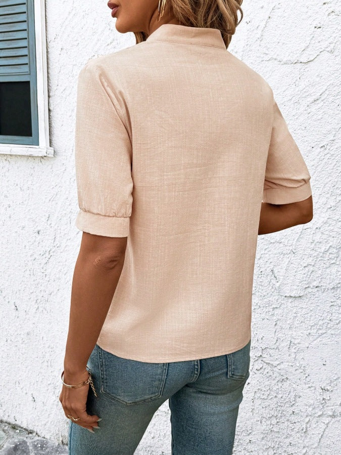 V Neck Embroidered Cotton Blouse Casual Summer Shirt