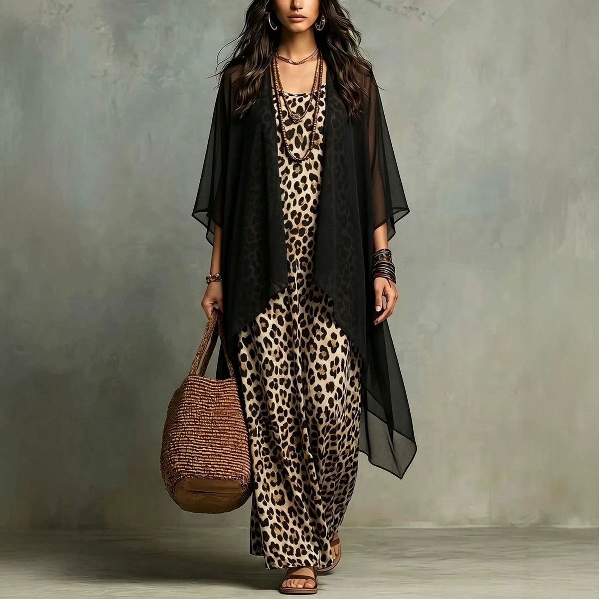 Women's Leopard Print Maxi Dress & Cardigan Set